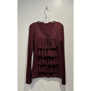 Prairie Underground Medium Burgundy Long Sleeve Top Tiered Ruffle FLAWED READ
